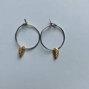 Minimalist Small Silver Hoops With Tiny Gold Leaf Dangle